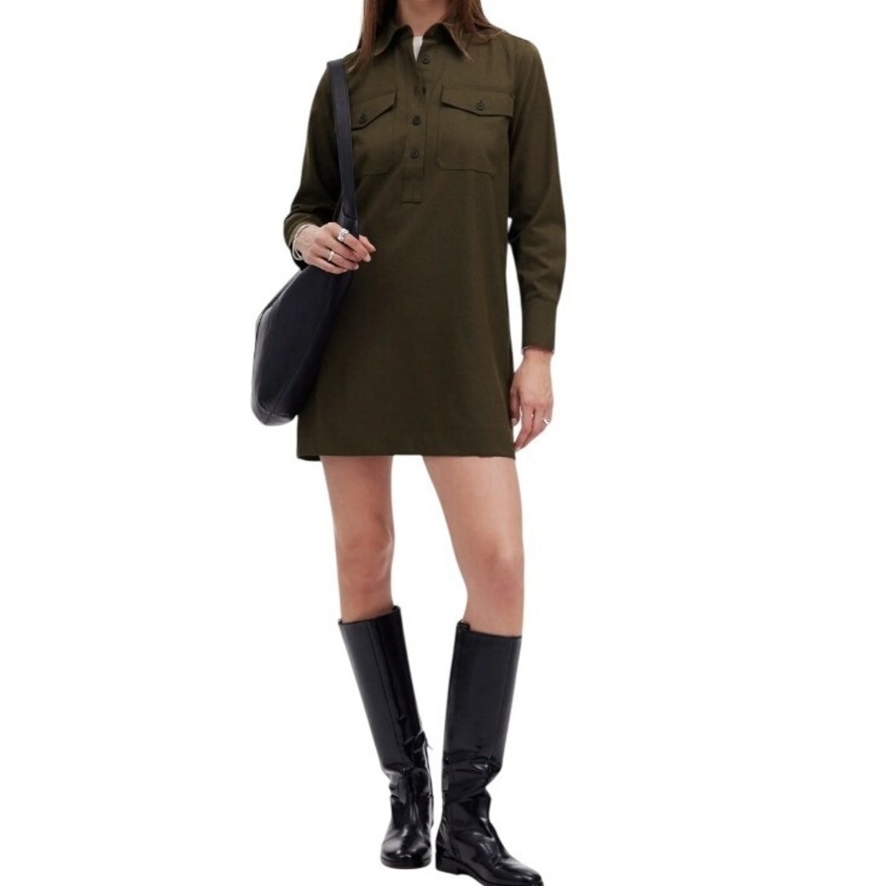 Madewell Women's Twill Long Sleeve Collared Mini‎ Shirtdress Green Sz Medium NWT